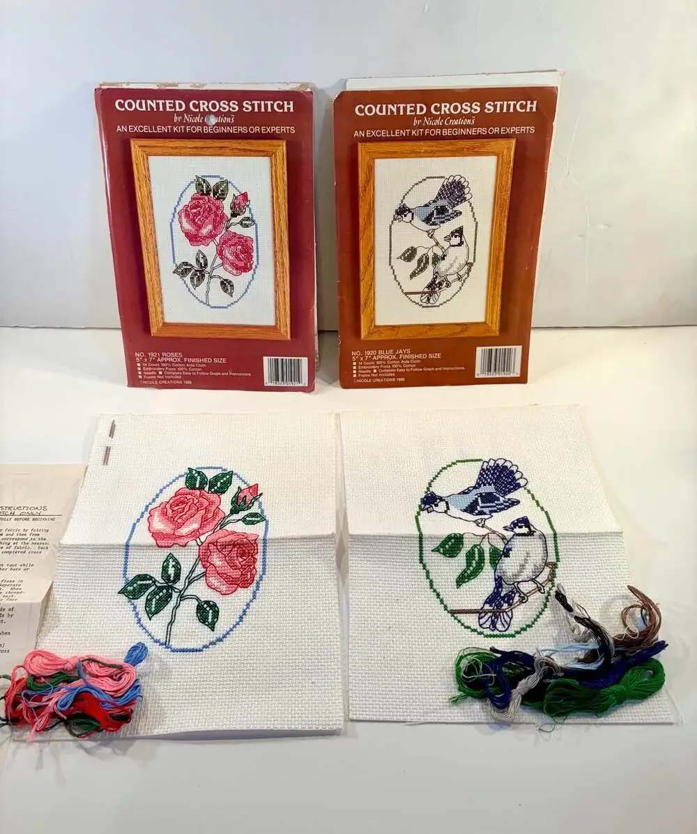 Nicole Creations Counted Cross Stitch Kits No. 1921 Roses and No. 1920 Blue Jays